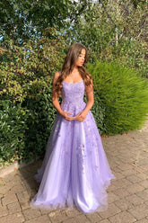 A Line Long Lace Lilac Corset Prom Dresses 2025 Floor Length Formal Dress MyChicDress